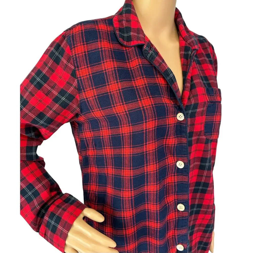 J. Crew Flannel Pajama Top Red Mixed Plaid F8383 Size XS